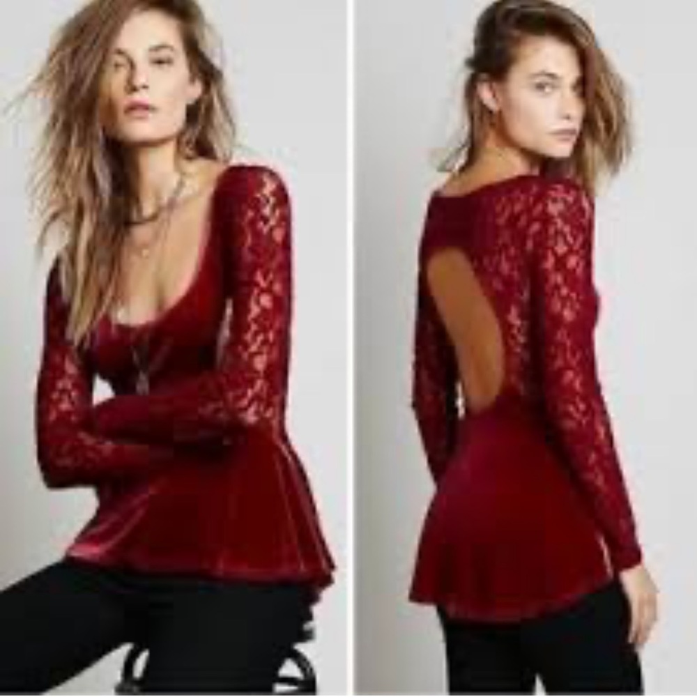 Free People boho peplum velvet top long sleeve lace open back shirt